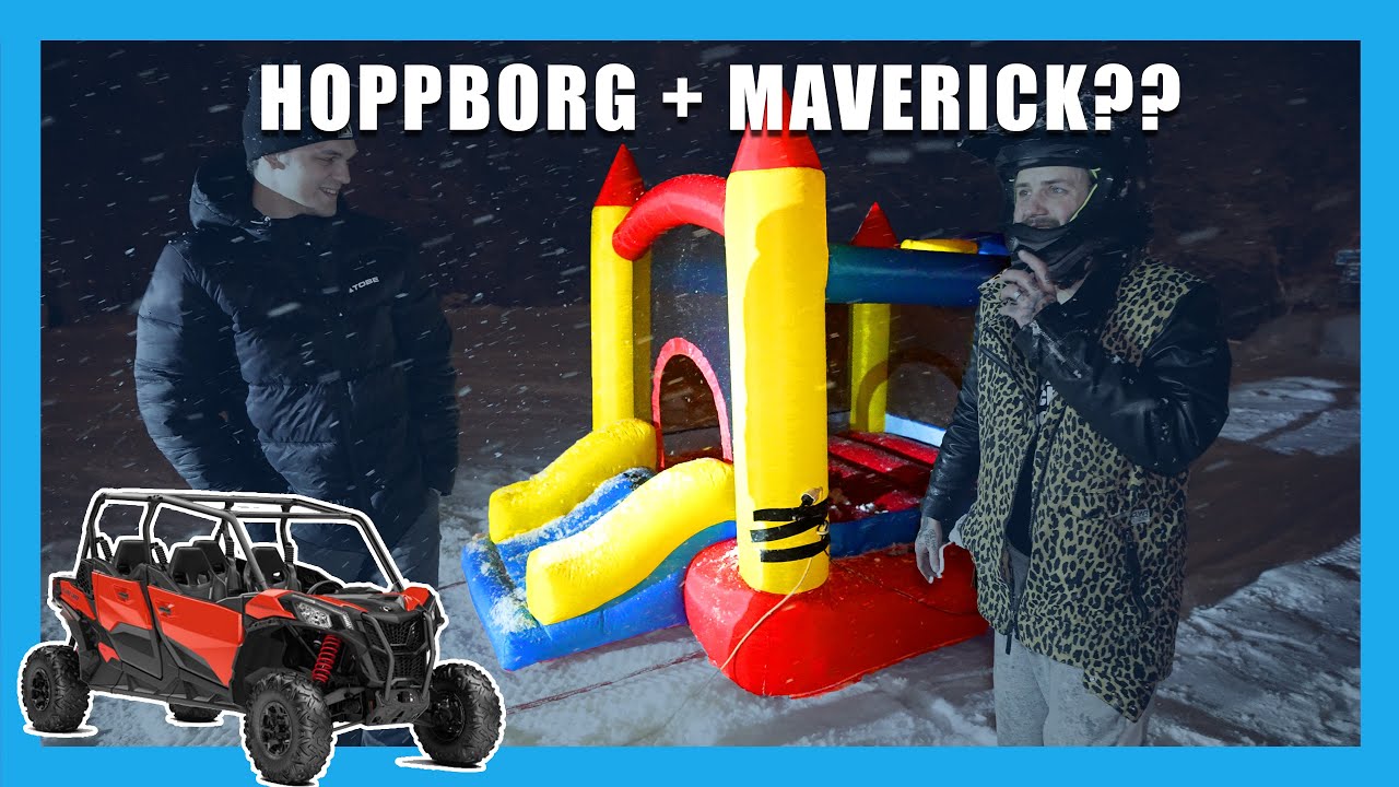 Vi åker hoppborg bakom fyrhjulingen. Öööh ja det går!