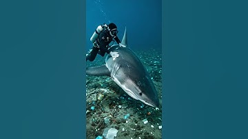 rescuing a shark entangled in plastic trash