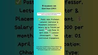 #CIPET #TeachingJobs #EngineeringCareers #Raipur #Korba #GovtJobs2026 #Petrochemicals #Chalrahahai