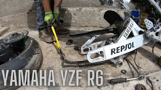 YAMAHA YZF R6 I removed the rear wheel , swing arm , rear sprocket and i cut the chain , 4K