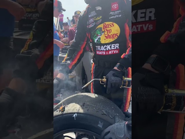 MTJ is on fire today! And so is his tire… #nascar class=