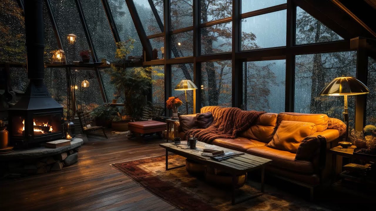 Autumn Rainy Night | Thunderstorm, Fireplace, & Cabin Ambience for ...