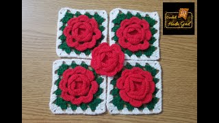 وحدة مربع كروشية بوردة الجورية (مفرش\بطانة\شنطة) | Crochet Hoda Gad