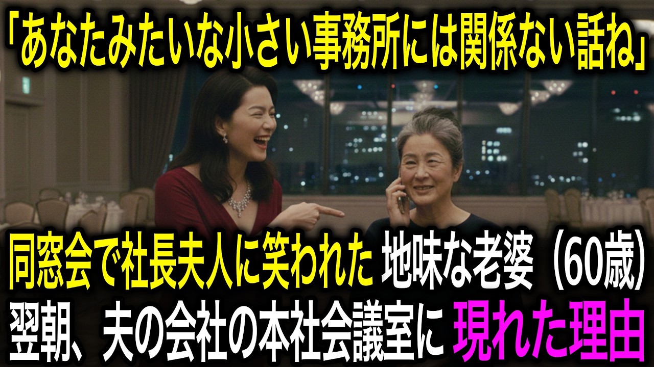 「あなたみたいな小さい事務所には関係ない話ね」同窓会で社長夫人に笑われた地味なおばさん（60歳）が翌朝、夫の会社の本社会議室に現れた理由
