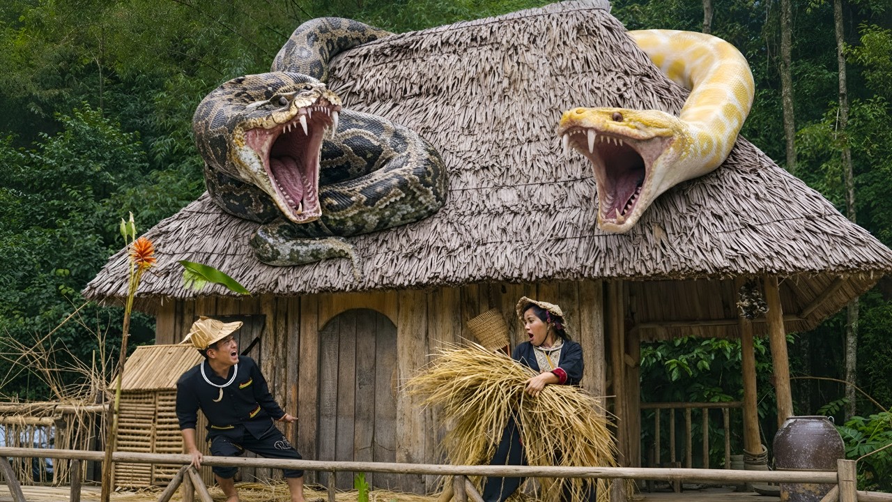 A family of dwarves panics when they encounter a giant python while harvesting rice - Primitive life
