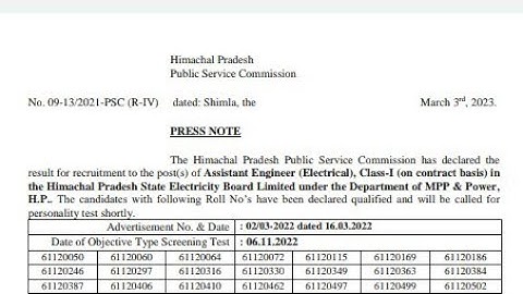 hppsc Assistant Engineer Electrical written exam result 2023 |  assistant engineer electrical result