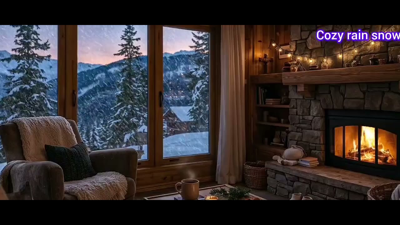 A cozy winter cabin interior with a comfortable armchair, soft blankets, warm fairy lights, glowing