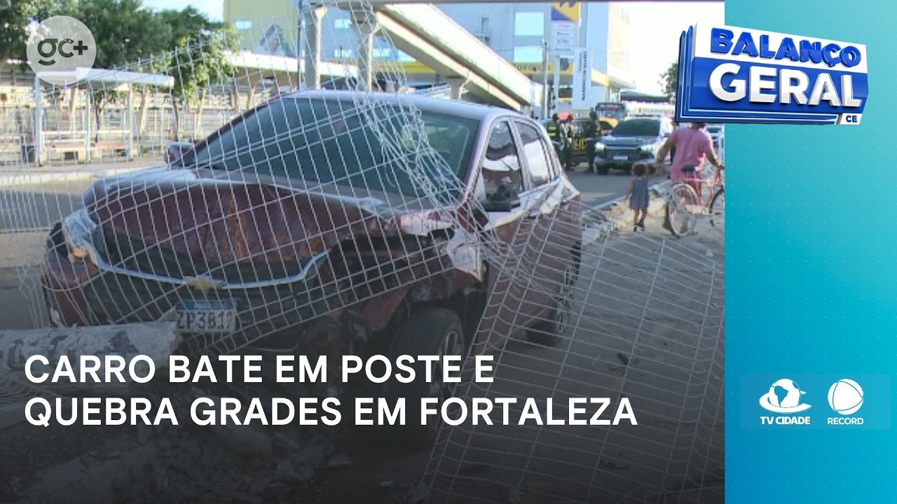 Carro bate em poste, quebra grades e ninguém fica ferido | Balanço Geral CE