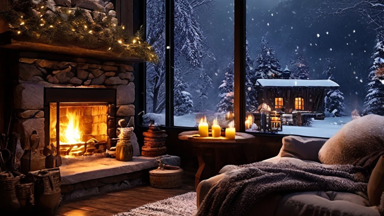 Winter Cozy Ambience🌨️Snow Falling Outside Cozy Room Ambience with ...