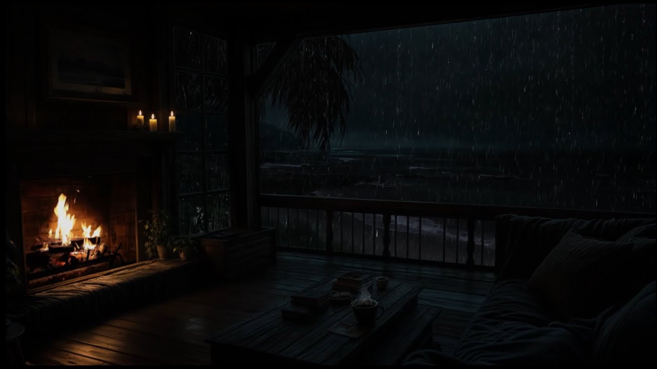 😴 Cozy Beach Cabin Storm 🌊🌧️ Ocean Rain, Thunder & Crackling Fireplace 🔥 Sleep Ambience