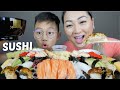 SUSHI *Aburi &amp; Nigiri Sushi, Salmon Sashimi &amp; Shrimp Tempura Mukbang | N.E Let's Eat