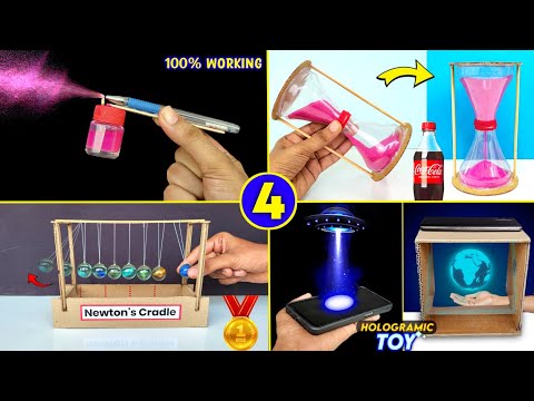4 best school projects , how to make air spray paint gun , newtons cradle , sand clock , hologramic