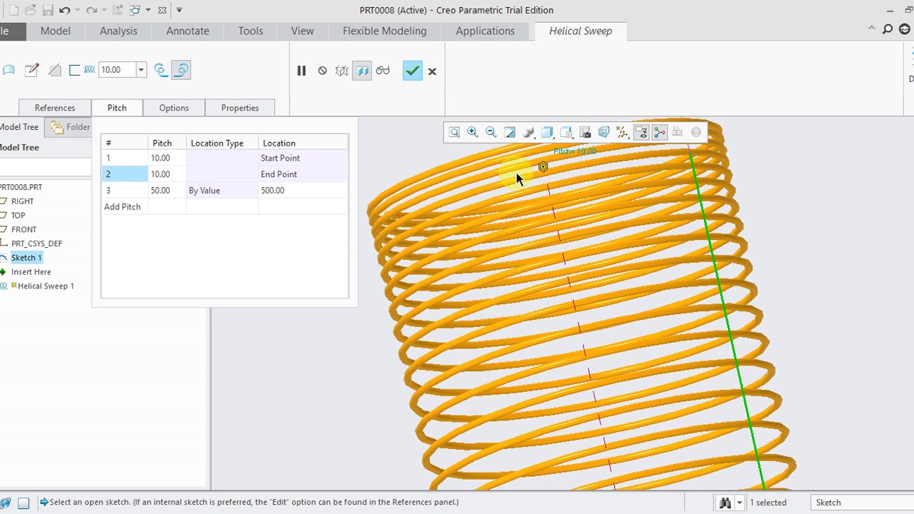 CREO 5.0 Tutorial Tamil 30 : Helical Sweep | Shapes | Part | creo - YouTube