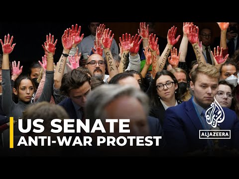 Blinken was forced to stop speaking several times as protesters were removed by police