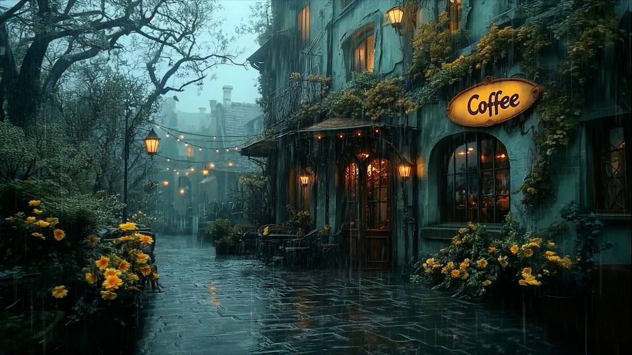 Rain-Soaked Coffee Shop Lantern Lights | Gentle Piano Music for Study & Reflection | Dark Academia