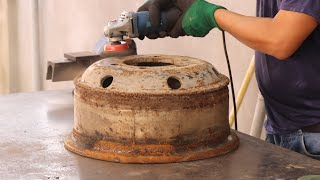 : DIY wooden stove from old car rims