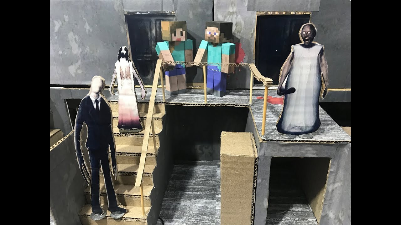 Granny, Slenderina, Slender Man vs Steve from Minecraft. Картонная игра. DIY