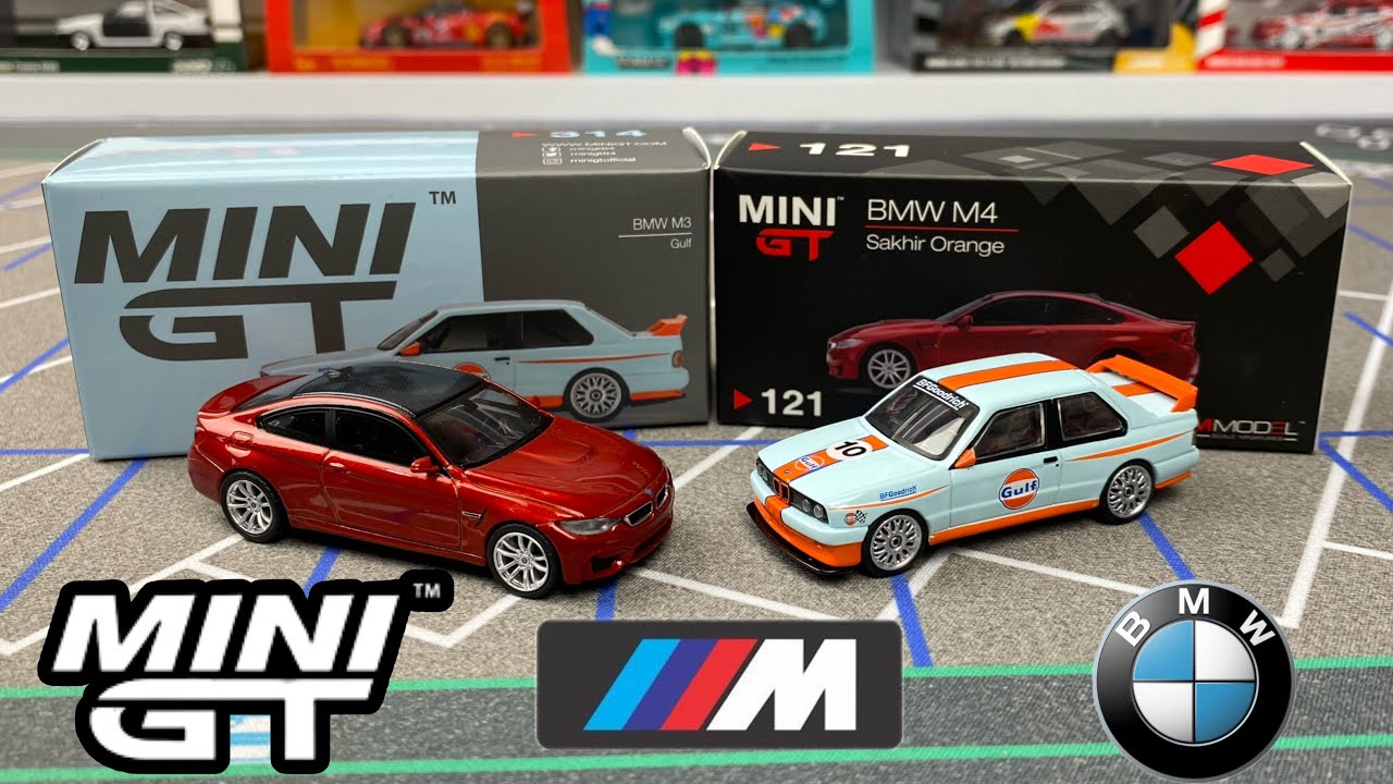 Skaut/Mini Gt/ BMW M4 Sakhir Orange (121)/ BMW M3 Gulf (314) - YouTube