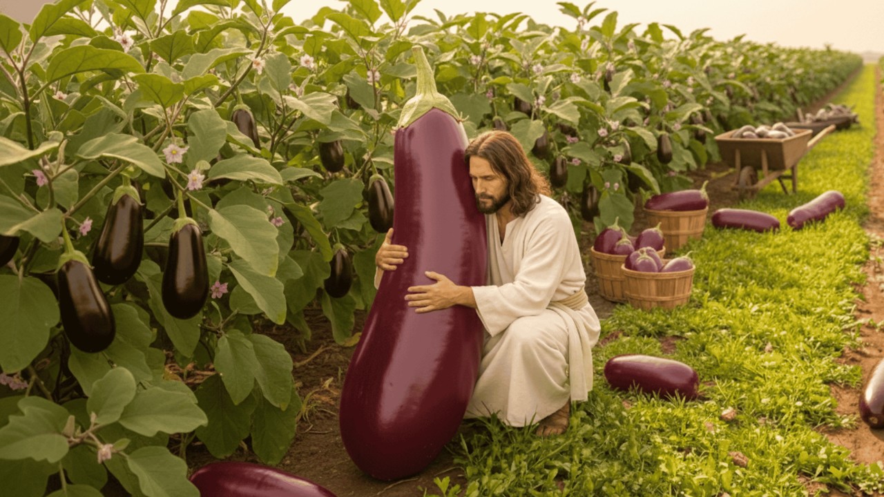 Jesus in the Garden: Growing and Caring for Eggplants | AI Christian Tribute