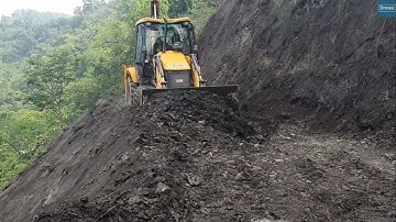 JCB Backhoe Loader -Foggy Day Leveling Road AFTER Excavator Cutting Hill