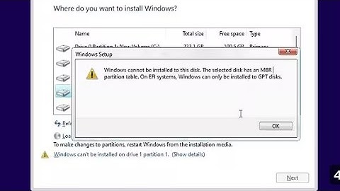 Windows cannot be installed to this disk. The selected disk has an MBR partition table.
