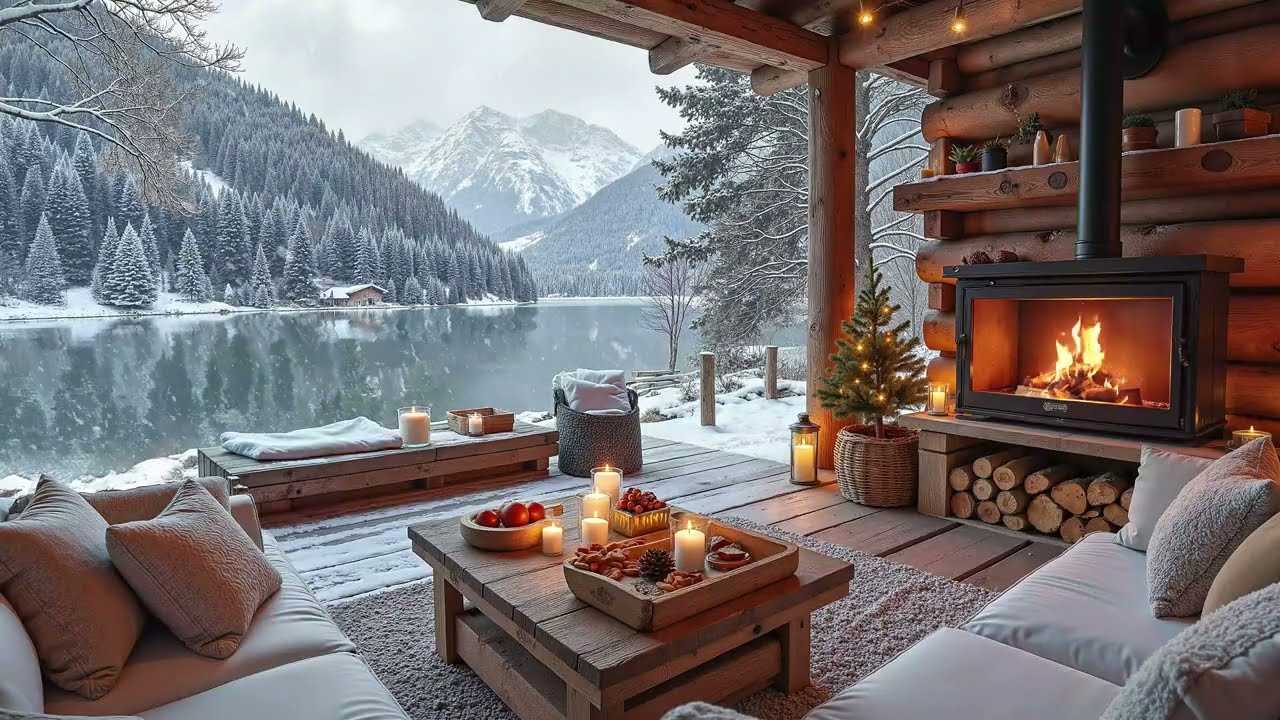 Calm Winter Morning at the Riverside ❄️ Snowfall Firepit & Gentle Piano to Study & Deep Relaxation🔥