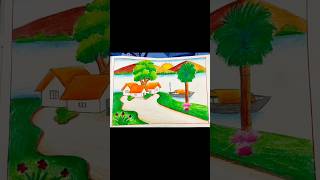 Beautiful Village Scenery Drawing | Easy Nature Landscape Drawing for Beginners