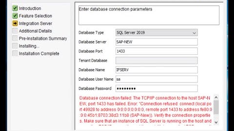 SAP Database Connection failed port 1433 web client.