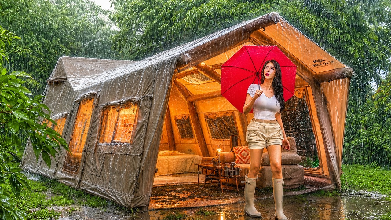 ⁣☔️ CAMPING IN THE RAIN INSIDE A HUGE LUXURY AIR TENT
