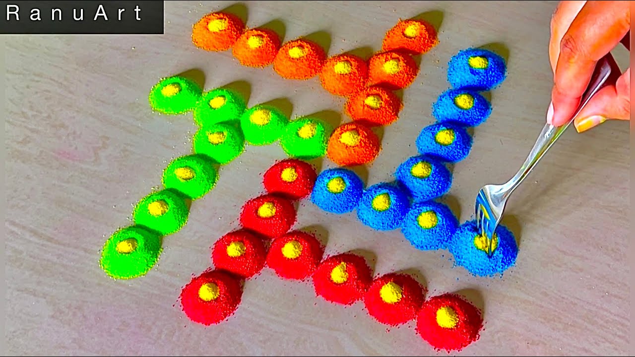 3 Simple Rangoli using fork|Simple Rangoli with colours|Simple rangoli ...