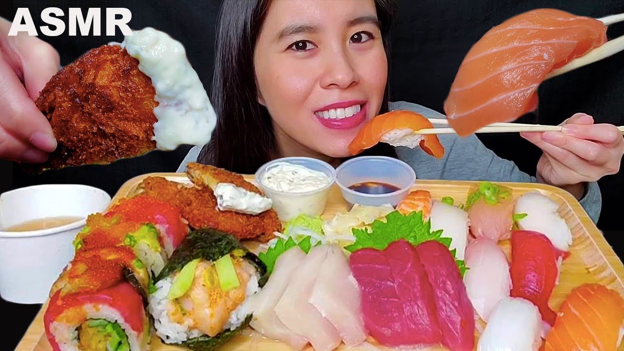 ASMR SUSHI PLATTER SASHIMI NIGIRI MIX SOUTH BAY SPECIAL ROLL MUKBANG 먹방  (No Talking) EATING SOUNDS