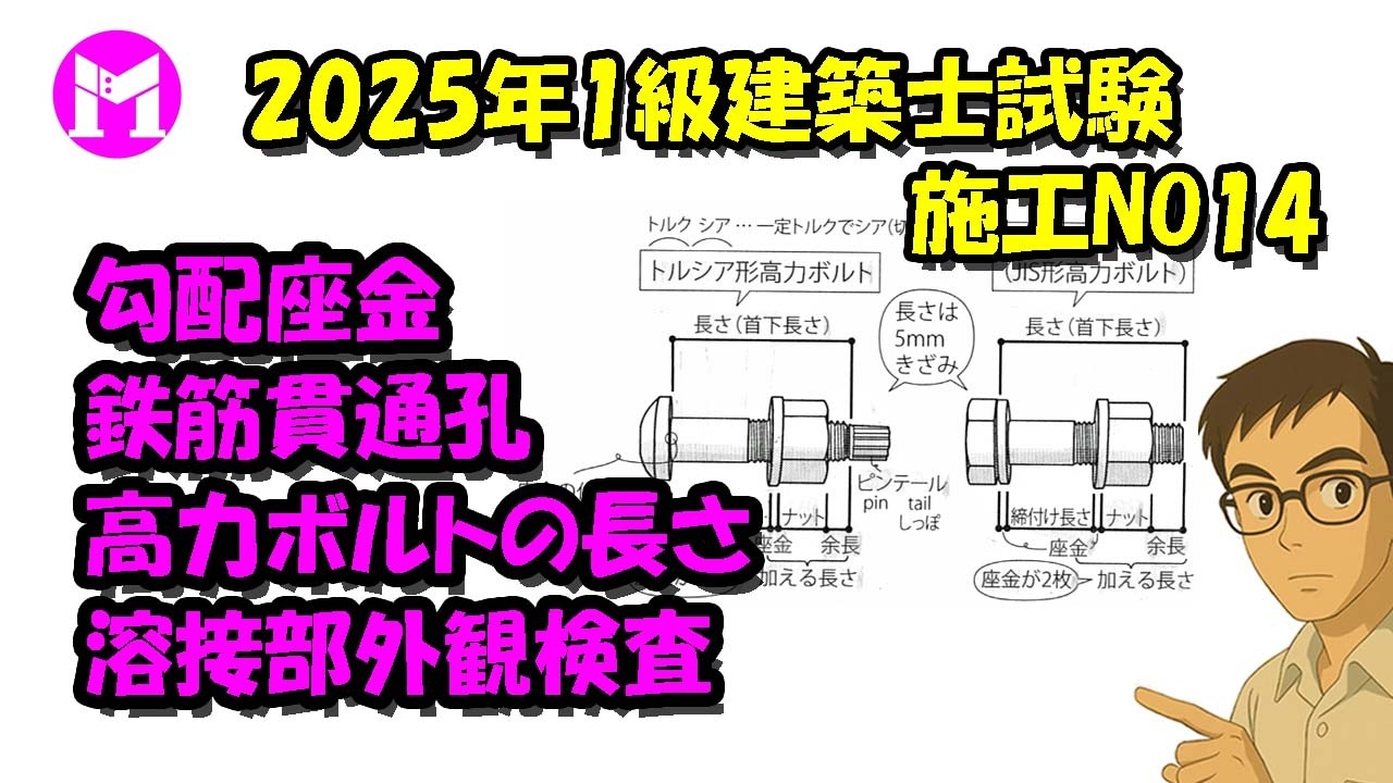 2025年1級建築士試験施工NO14　勾配座金、高力ボルトの長さ、鉄筋貫通孔、溶接部外観検査