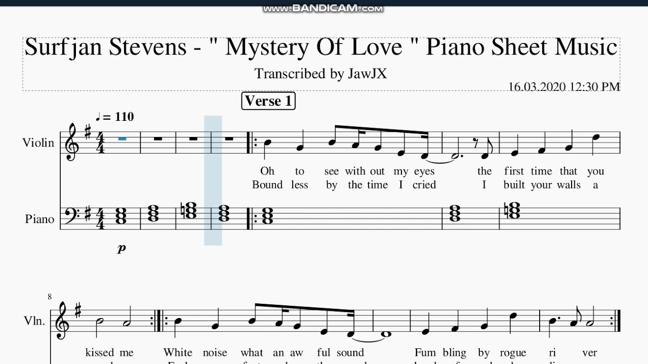 Sufjan Stevens - " Mystery Of Love " Violin Sheet Music Free Note...