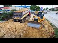 Full pushing soil into the lake complete 100 smoothly  by shantui dozer and dump trucks