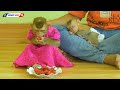 Cuties Sister Luna Enjoy Strawberry Fruit While Tiny Olly Sweet Dream On Mom Lap