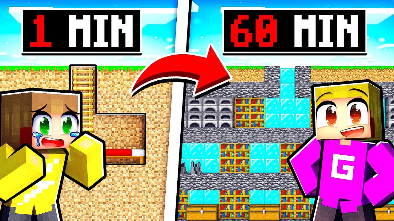 1 MINUUT vs 60 MINUTEN Geheime BUNKER Bouw Wedstrijd!