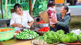 Happy Family Cooking a Cozy Farm Hot Pot and Preserving Fresh Vegetables for Winter