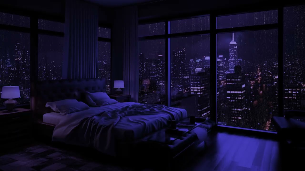 Sonidos de lluvia en un dormitorio oscuro con ambiente urbano: relájate y descansa