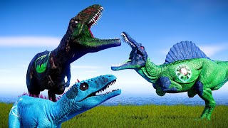 BLUE SPIDERMAN vs SUPERMAN vs BATMAN SUPERHERO DINOSAURS BATTLE - Jurassic World Evolution