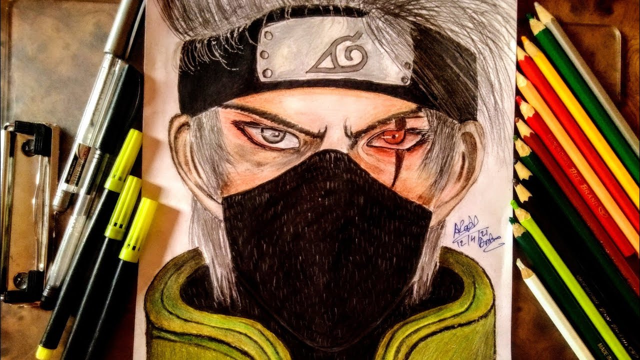 How to draw realistic Kakashi Hatake from Naruto colour pencil - YouTube