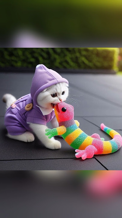 kucing lucu makan gummy ulat cicak katak warna warni #catcute #funny #shorts