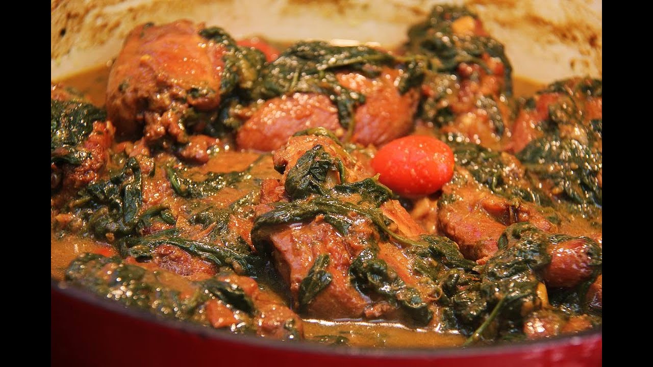 Caribbean Brown Stewed Chicken With Spinach Bhagi