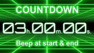 3 Hour Countdown Timer | Start/End Beeps | Neon Green Grid | 4K