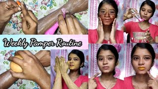 My weekly pamper routine|Body scrub+Skin care+Hair removal+Lips care|Simple and Easy