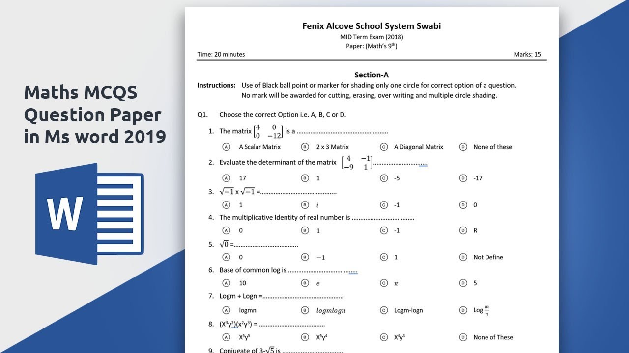 how to create Multiple choice question paper for mathematics in Ms word 26