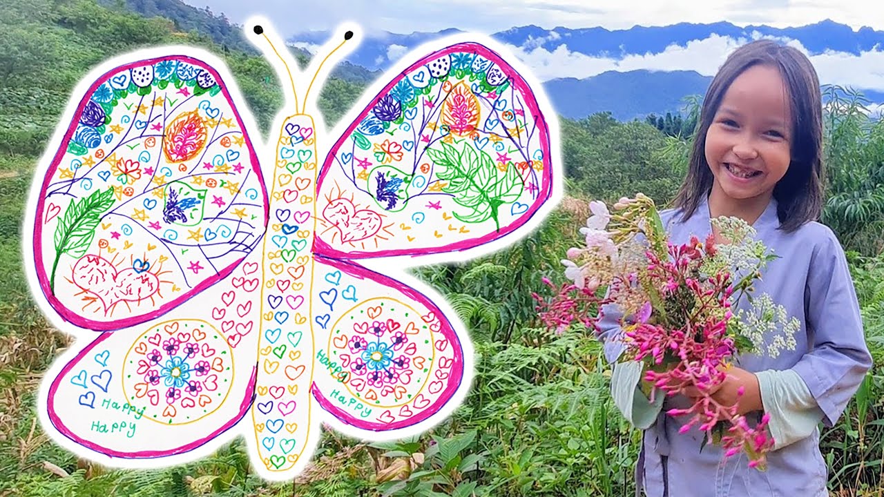 Drawing Butterfly Mandala by 6-Year-Old Kid Artist Mia Mai | Glitter Pen Art | Calming & Zen Art