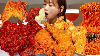 Sub)Real Mukbang- Giant Chicken ๐ Fire Noodles(Buldak)๐ฅ Beer ๐บ ASMR
