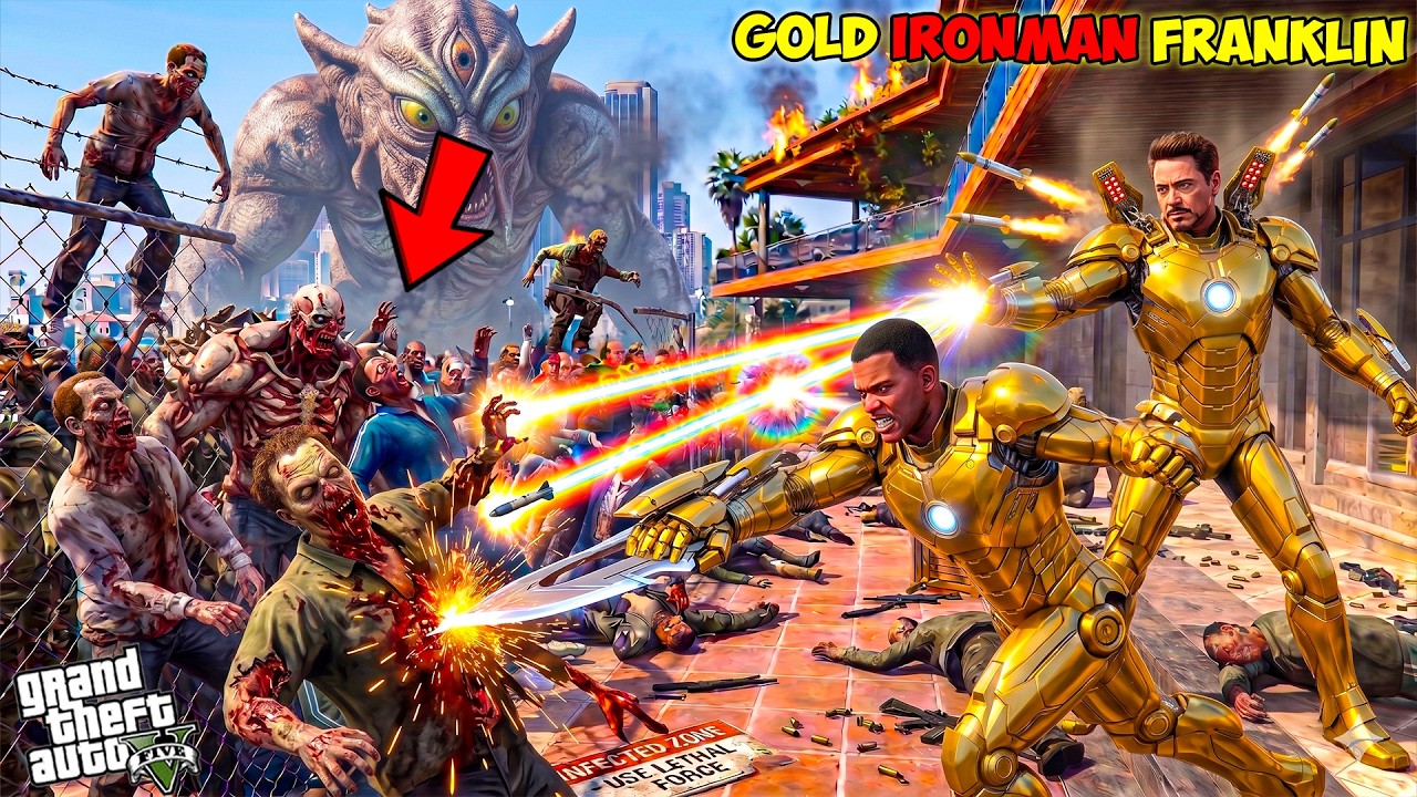 Franklin Upgraded Gold Ironman Suit to Destroy Military Zombies in GTA 5