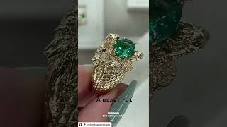 Custom dragon oval emerald and Ruby mens reptile snake personalized ring 14K yellow gold