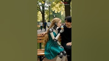 Humanoïde robotmeisje geniet van ijs in het park met jongeman – hartverwarmend verhaal 🍦🤖